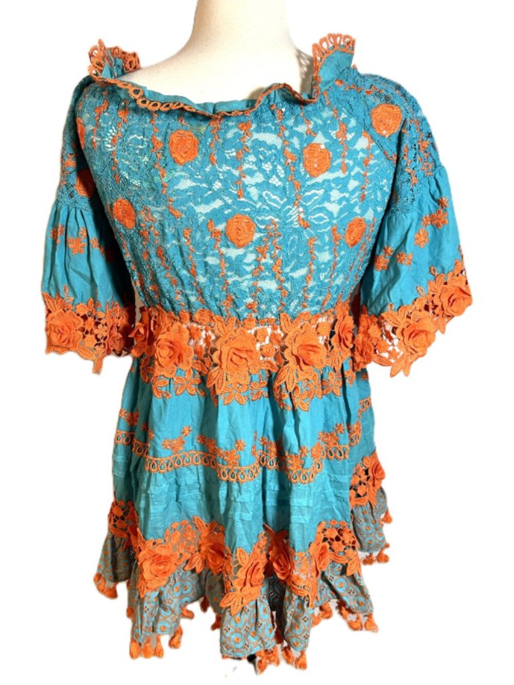 Antica Sartoria Giacomo Cirque NWT Turquoise/Orange Embroidered Lace Dress, OS